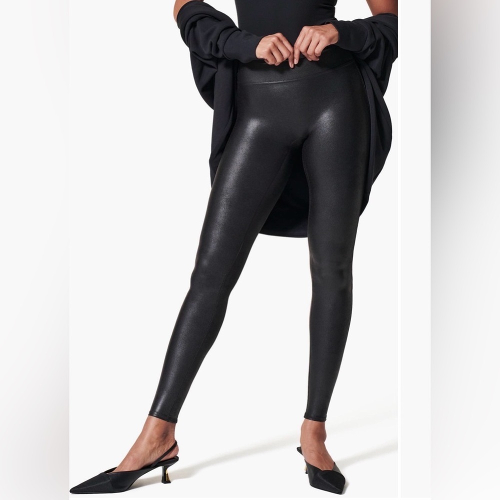 SPANX Faux Leather Leggings Black High Rise Compression Full Length Small